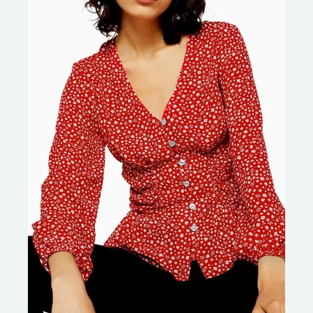 Topshop red and white dainty floral patterned button up top, peplum long sleeve